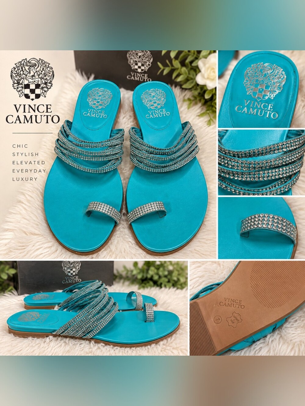 Vince Camuto Turquoise Crystal-Strap Toe-Loop Sandals